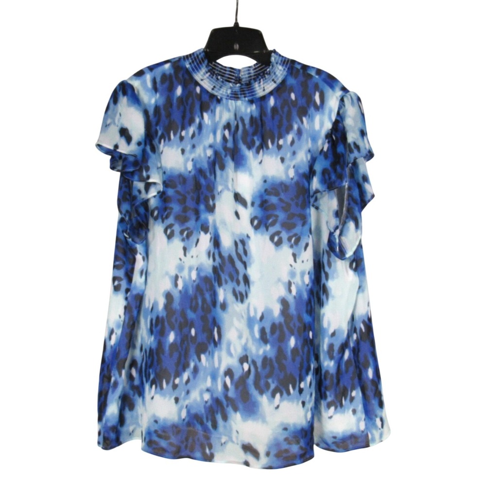 CATO Lined CHIIFON Button SMOCKED NECKLINE Blue Leopard Print BLOUSE/TOP 18/20W